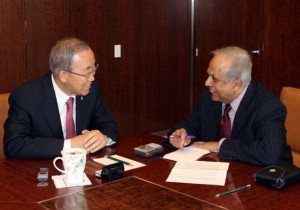 PS U.N. Bureau Chief Thalif Deen interviews Secretary-General Ban Ki-moon (who was the UN chief from January 2007 to December 2016). /Photo by Lyndal Rowlands/IPS/.
