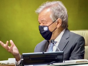 Antonio Guterres wearing anti-coved mask at the 75th UN General Assembly  opening 21 September 2020 (UN Webcast TV image by Erol Avdovic for education only) 