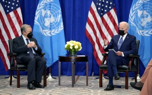 US president Joe Biden meets UN Secretary General Antonio Guterres - fully masked; COVID is around at 76th General UN Assembly in New York 21 September 2021 (Courtesy photo for education only)