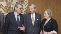 Former UN Secretary General Boutros Boutros Ghali (left) with then US Secretary of State Warren Christopher (middle) and US ambassador to the UN Madeleine Albright (UN photo archive)