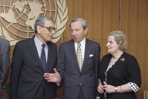Former UN Secretary General Boutros Boutros Ghali (left) with then US Secretary of State Warren Christopher (middle) and US ambassador to the UN Madeleine Albright (UN photo archive)