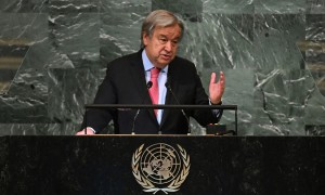 United Nations Secretary-General Antonio Guterres addresses the 77th session of the United Nations General Assembly at UN headquarters in New York City on September 20, 2022. (Photo credit T. A. Clary - for education only)