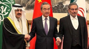 Saudi Arabia, China and Iran chiefs of diplomacy brokering new deal between Ryad and Teheran, March 2023 (Courtesy TV image for education only)