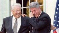 Clinton and Boris Yeltsin - funny but deadly serious (Historic archive public domain photo - for education only)